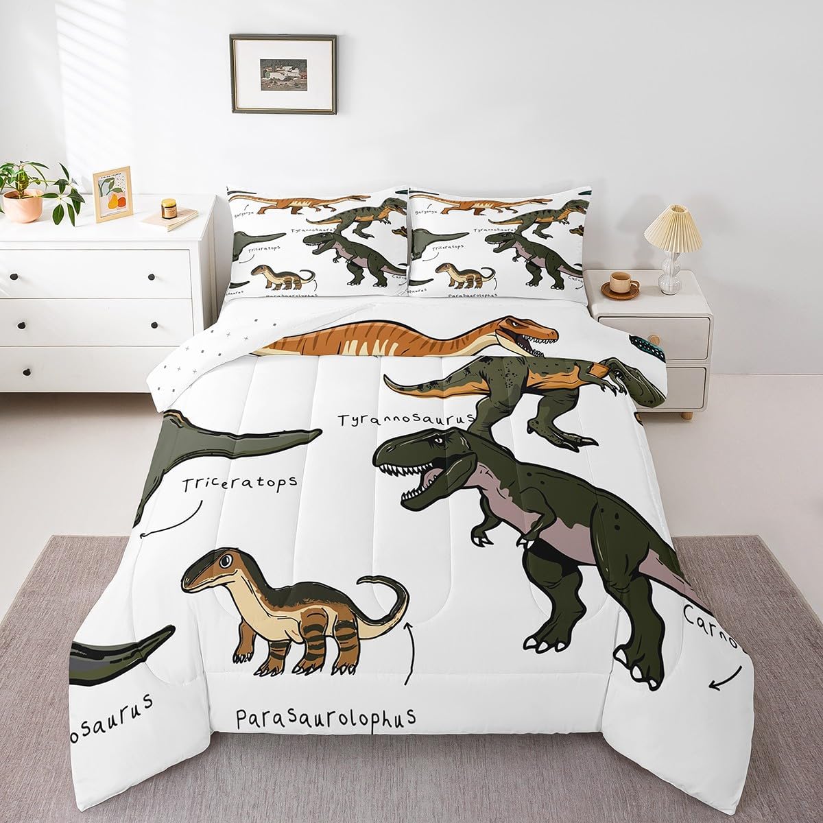 Erosebridal Cartoon Dino Comforter Sets Queen,Dinosaur Bedding for Toddler Boys,Set of Ancient Dinosaur Bedding Comforter Sets,Jungle Animal Duvet Insert with 2 Pillowcases