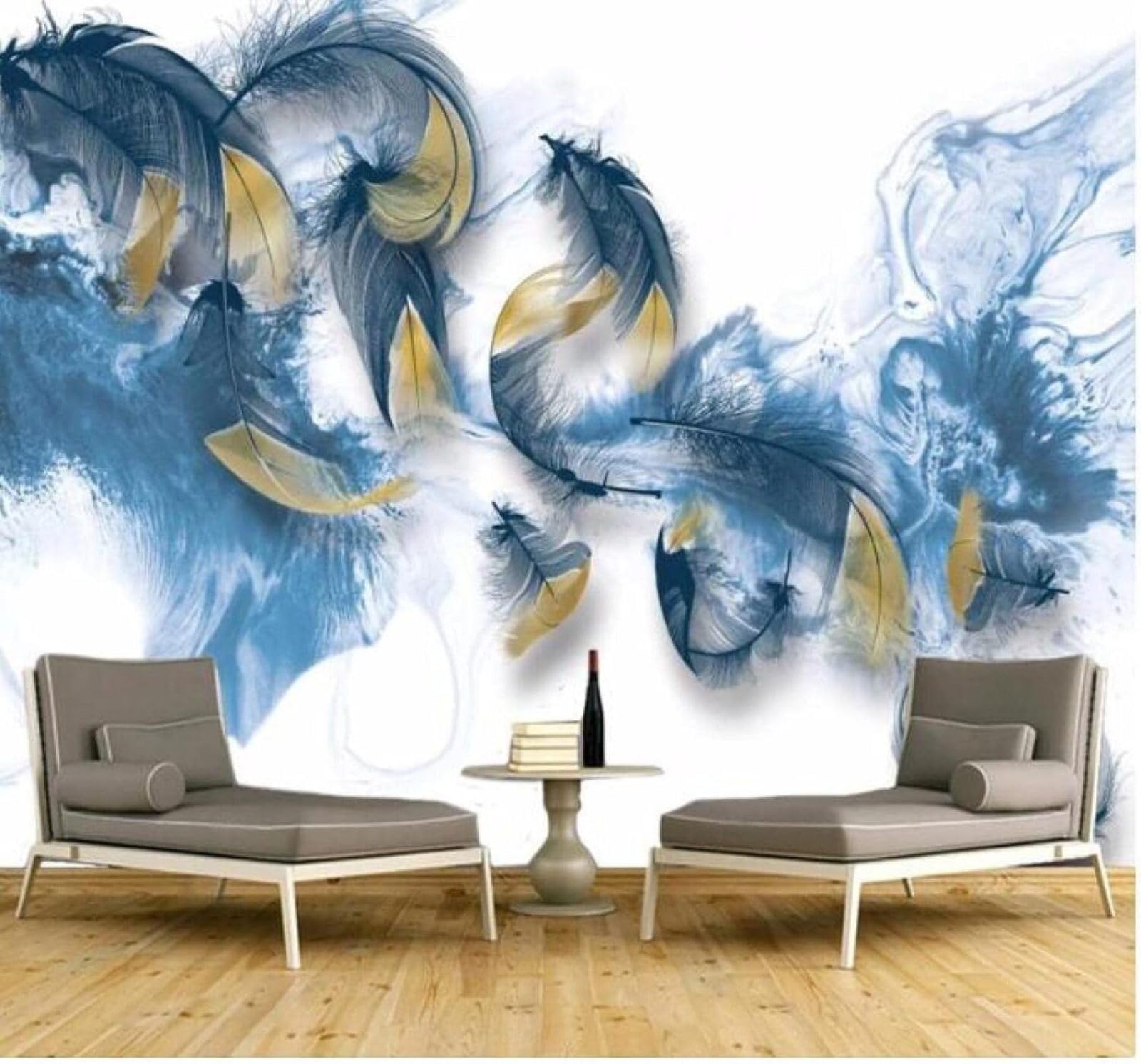 Xlming 200Cm×140Cm(B×H) Abstract Ink Wash Blue Mist Feathers 3D Wallpaper Luxury Silk Study Dining Feature Sofa Grey Bedroom Living Room Tv Decorative Wall-200Cm×140Cm