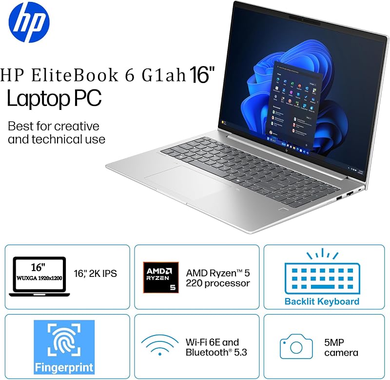 HP EliteBook 6 G1a 16 Laptop, AMD Ryzen 5 220, 16GB DDR5, 512GB SSD, AI PC image 2