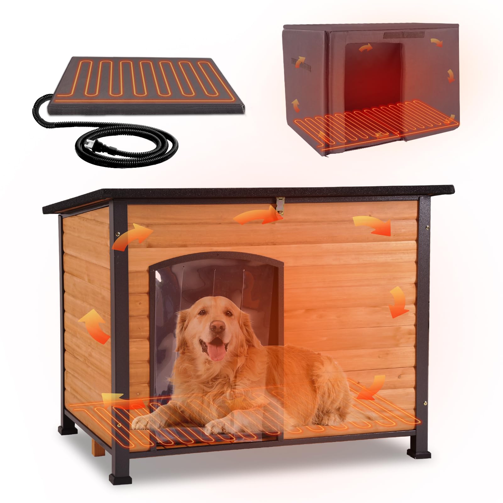 GUTINNEEN Large Outdoor Dog House Heated Dog House for Outside Insulated Weatherproof Dog Shelter with Heated Pad, Insulated All-Round Thermal Liner, Chew-Proof Metal Frame for Large Breed