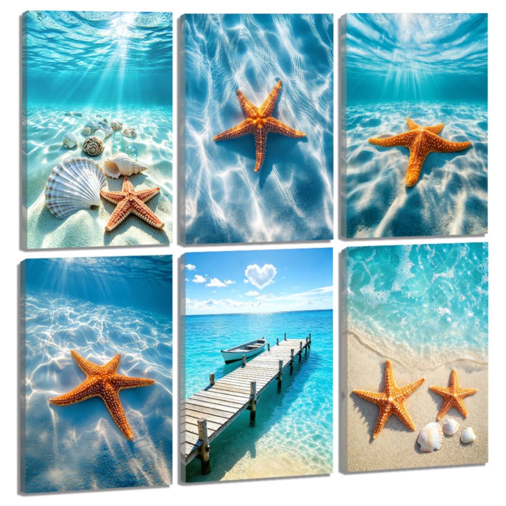 ZQQART 6 x Strand Seestern Leinwandbilder für Badezimmer Wandkunst