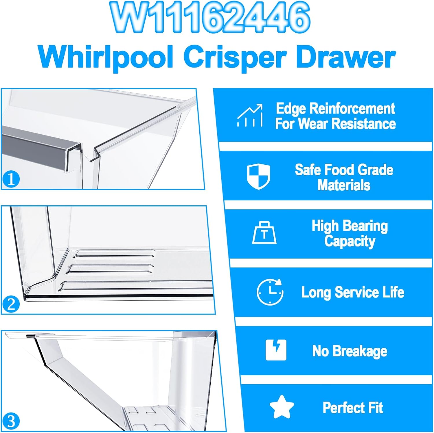 UPGRADED W11162446 Refrigerator Crisper Drawer Compatible with Whirlpool Refrigerator Drawer Replacement W11046495 Whirlpool Drawer Replacement WRS325SDHZ08 WRS321SDHZ01, WRS315SDHM08 Fridge Drawer