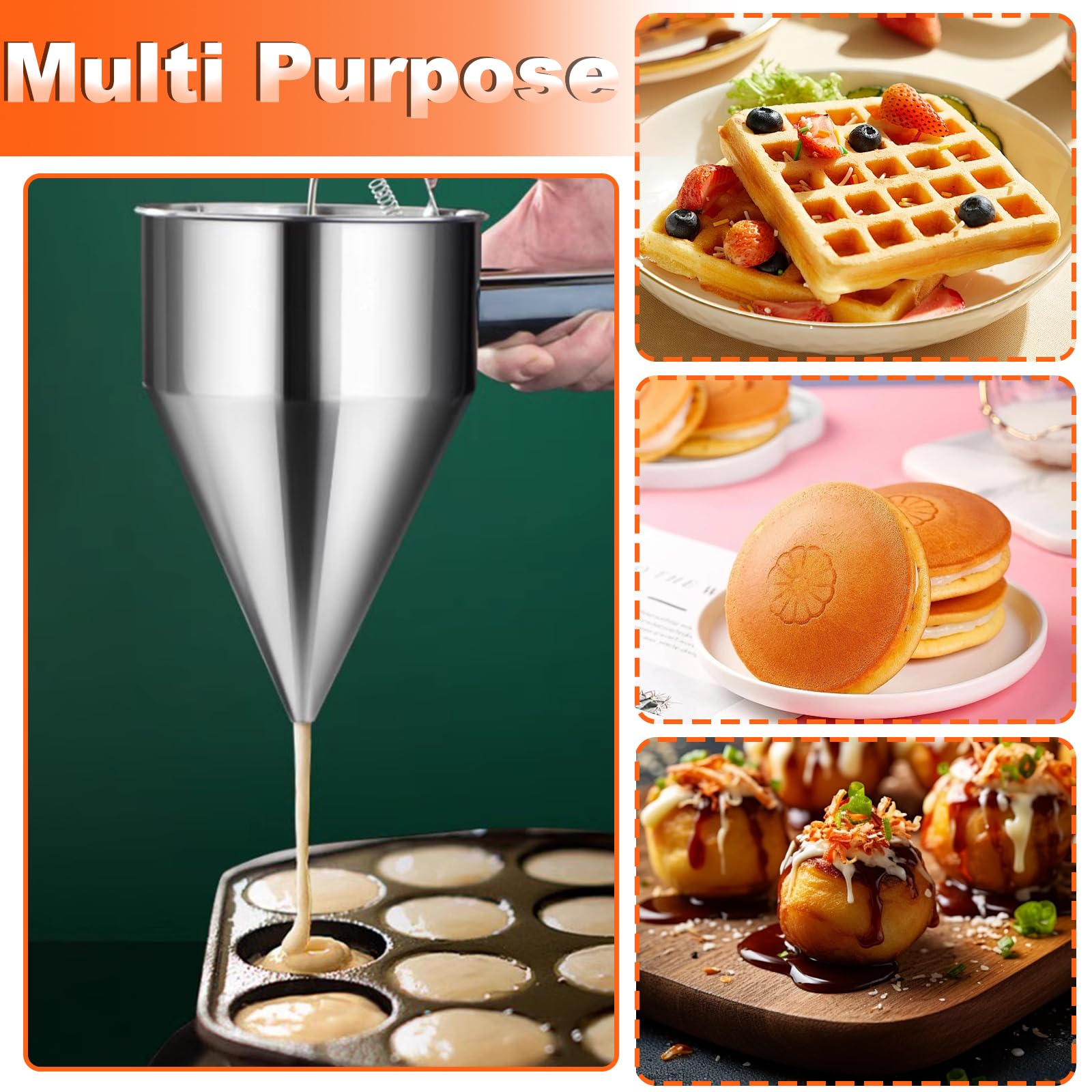 Embudo Dosificador de Masa Acero Inoxidable 1200ml, Dispensador de Tortitas con 4 Boquillas y Soporte para Pancakes, Repostería