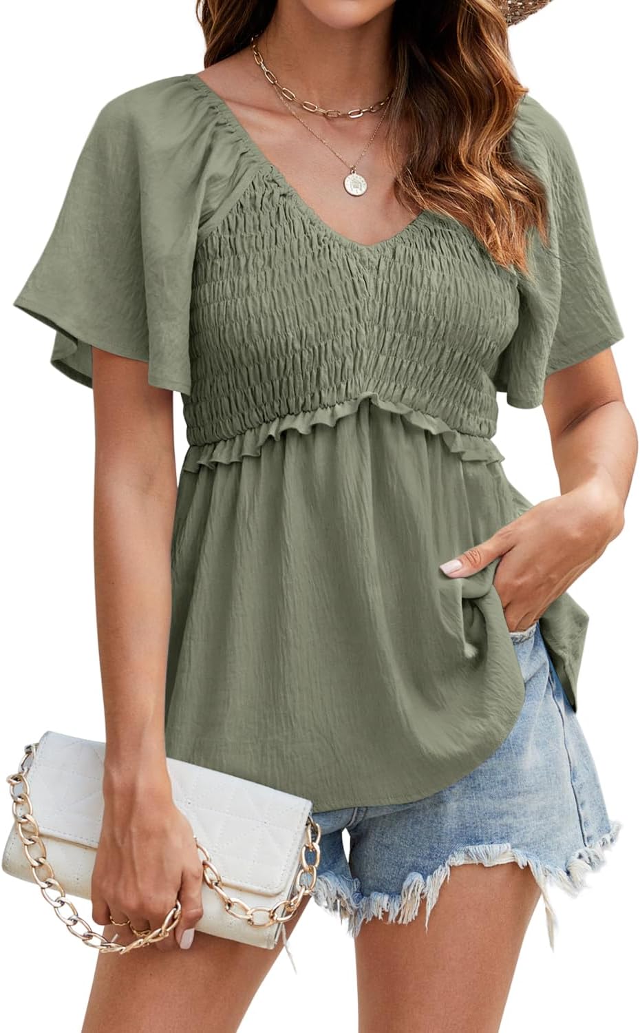 HEYTALALA Women's Summer Peplum Tops Ruffle Trim Short Sleeve Casual V Neck Smocked Blouses Dressy Shirt