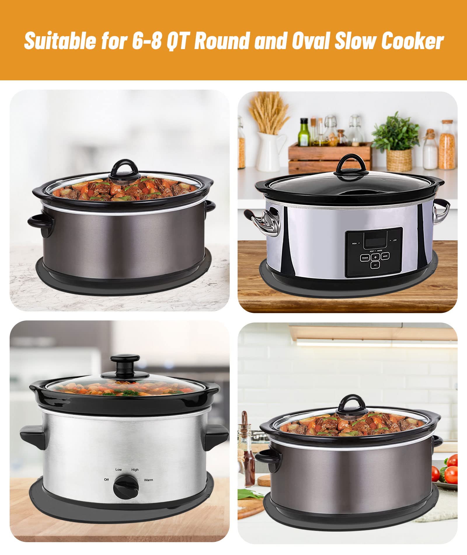 2PCS Oval Slow Cooker Heat Resistant Mat for 6-8 Quart, Heat Resistant Mat Silicone Countertop Protector Appliance Slider Mat (black*2)