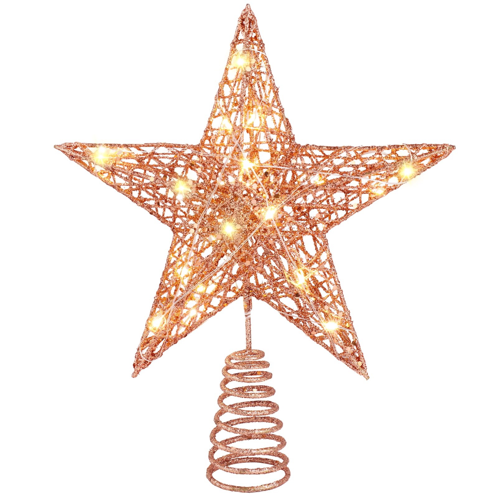 DTYDECLE Christmas Tree Topper Lighted, 11.4'' Rose Gold Glittered Xmas Hollow Star Treetop Toppers Ornaments with 20 LED Lights for Indoor Christmas Tree New Year Holiday Decorations