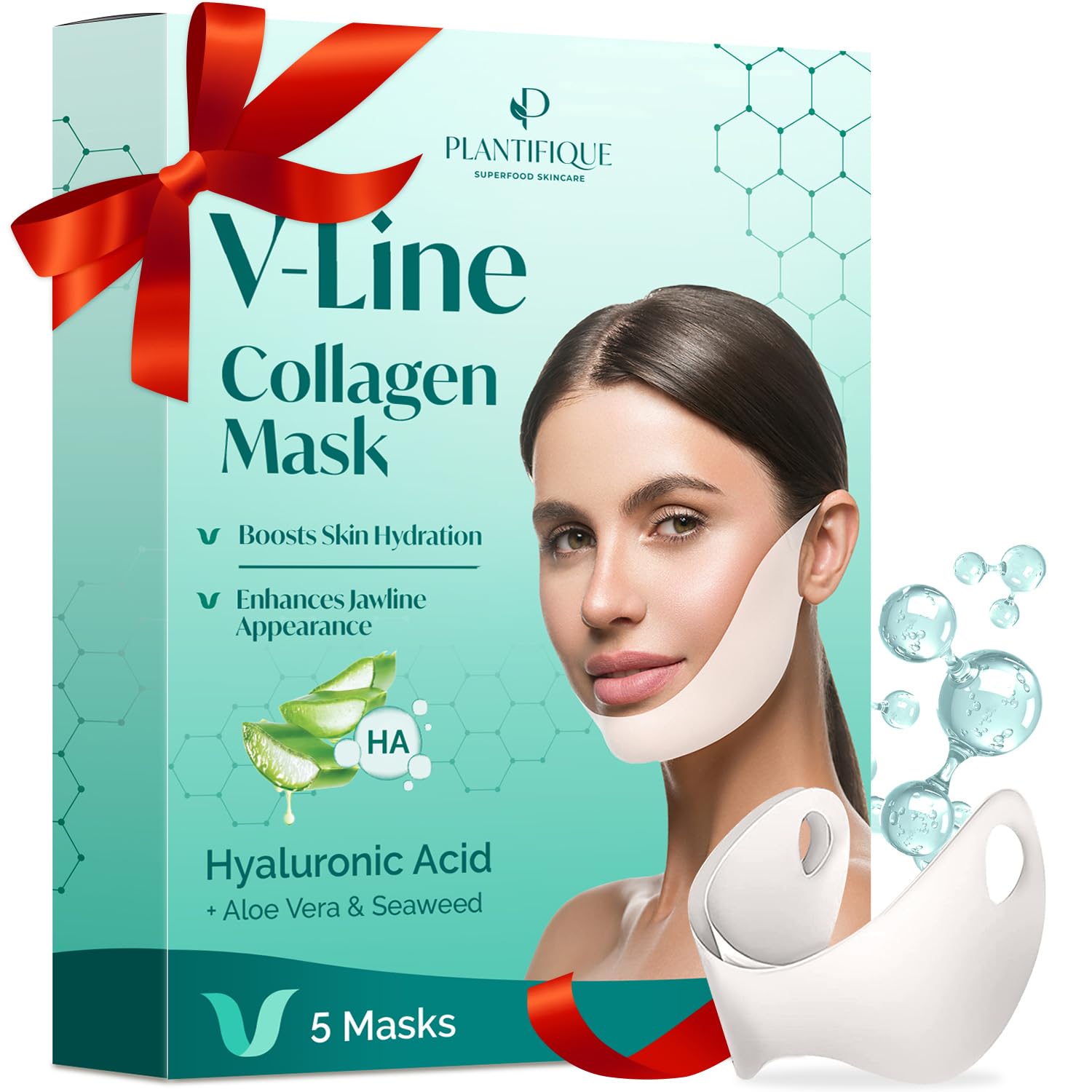 PLANTIFIQUE V-Line Collagen Mask for face 5 PCS | Chin Strap for Women & Men | V Line Lifting Mask with Collagen and Hyaluronic Acid V Shape Face Tape Chin | Skin Firming