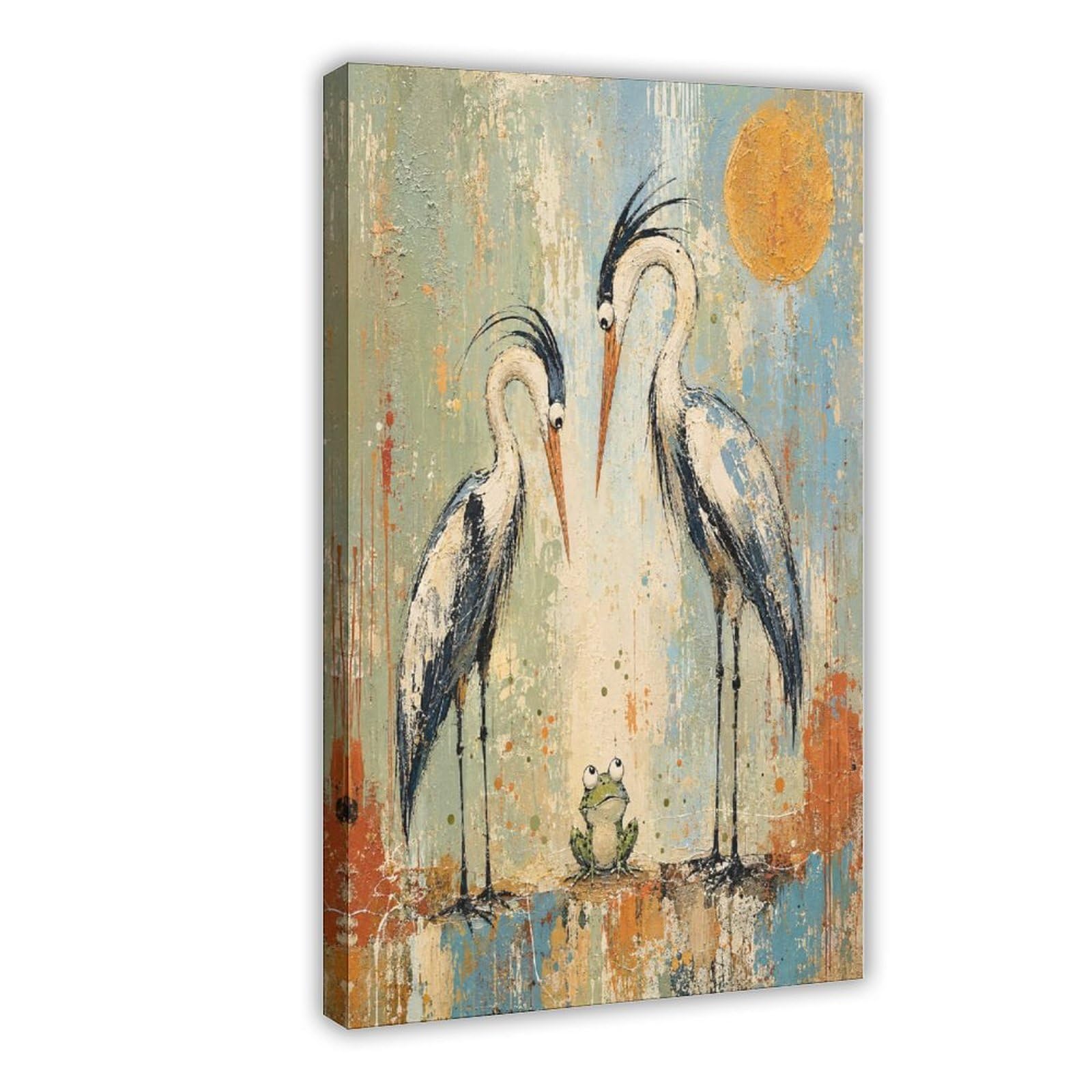 W7C8U2X3 Cranes with Frog Canvas Wall Art, Lotus Pond Dorm Room