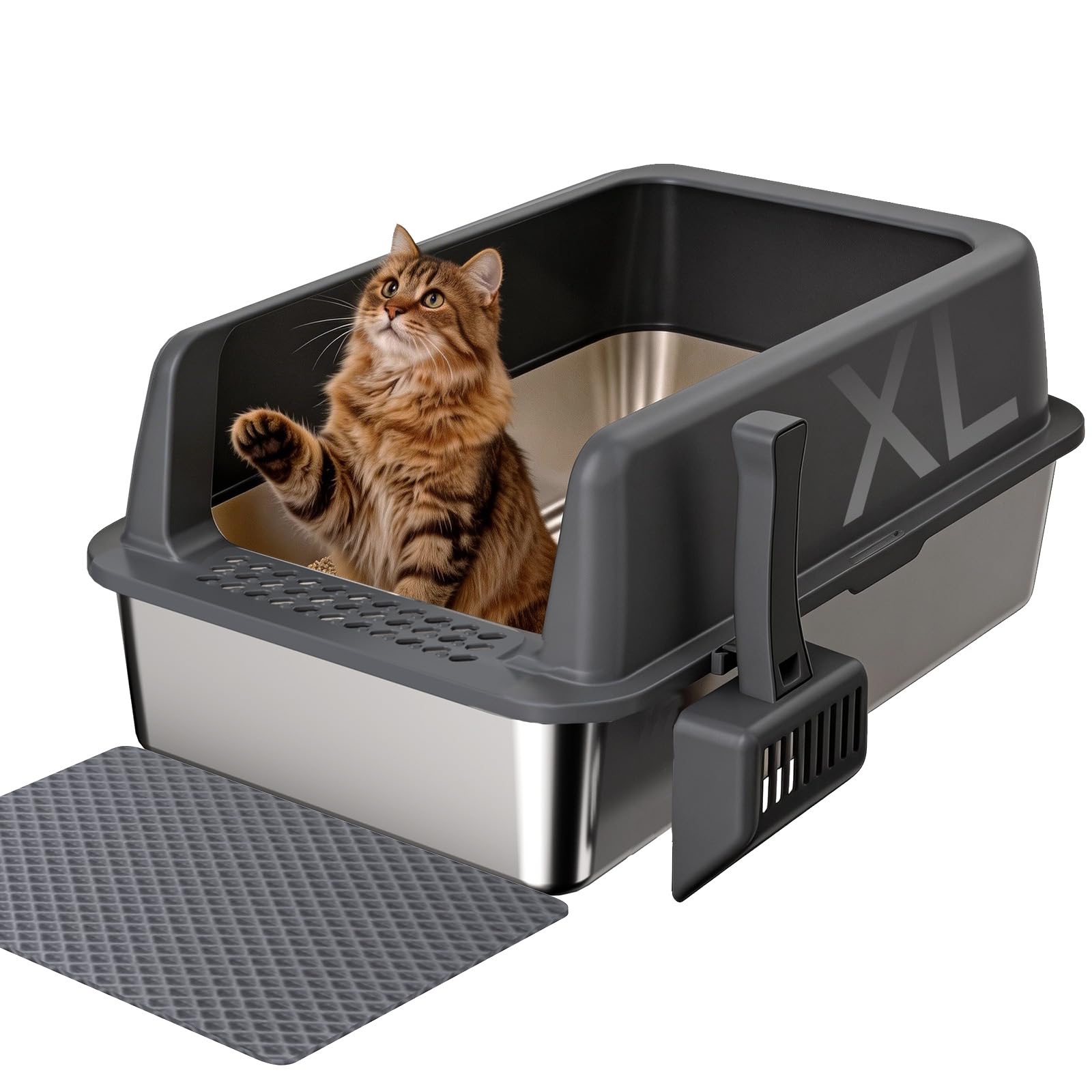 Gimars Stainless Steel Cat Litter Tray 35L High Sided Cat Litter Box with ABS Lid, 58x38x26cm Anti-Spillage & Odor Control – Metal Litter Tray for All Cats & Kittens, with Scoop & Mat