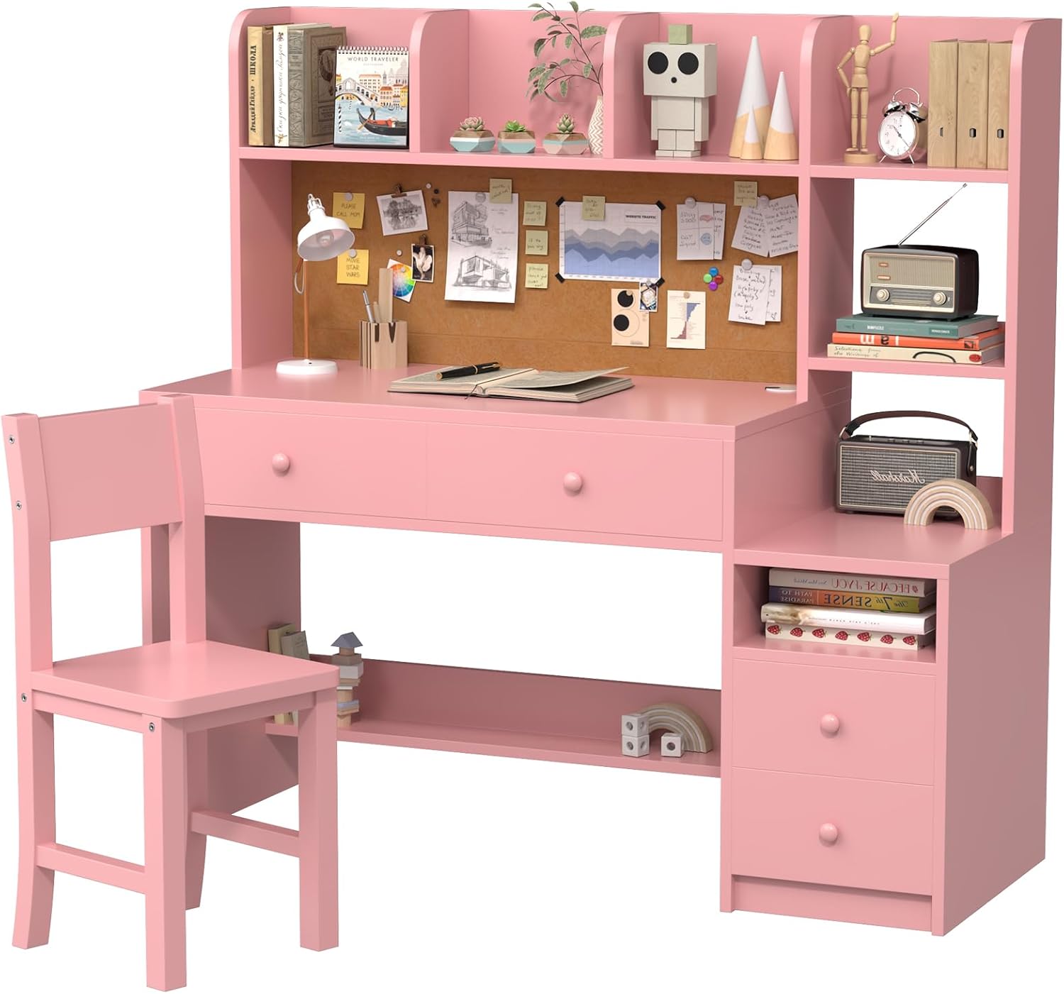 Wooden Pink Kids Study Desk and Chair Set, 4 Drawers and Storage Cabinets, Children Desk with Hutch and Shelves, Girls Study Desk for Kids Bedroom