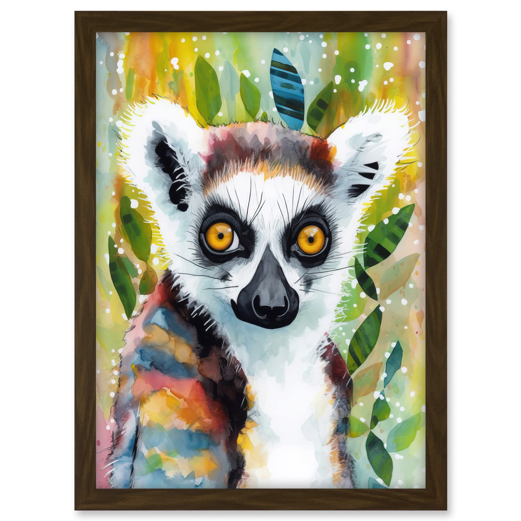 Artery8 Lemur Portrait Folk Art Watercolour Painting Artwork Framed A3 Wall Art Print