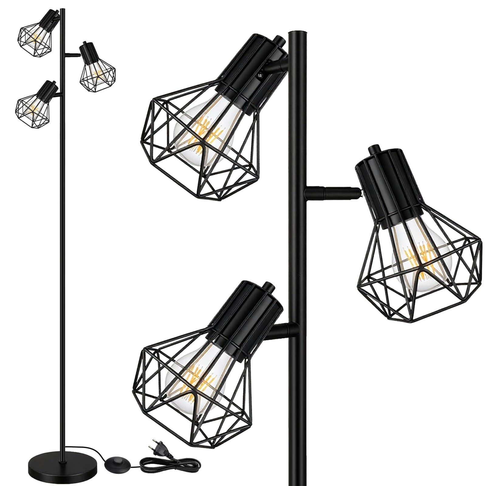 HiBay Stehlampe LED E27 3 Flammig Stehleuchte Schwarz Industrial Floor Lamp mit Fußschalter Stehlampen Rustikale für Wohnzimmer, Schlafzimmer, Büro(Ohne Leuchtmittel) | LED Floor Lamp Rustikale mit Stecker Industriell Metall 230V Max. 60 Watt für Wohnzimm