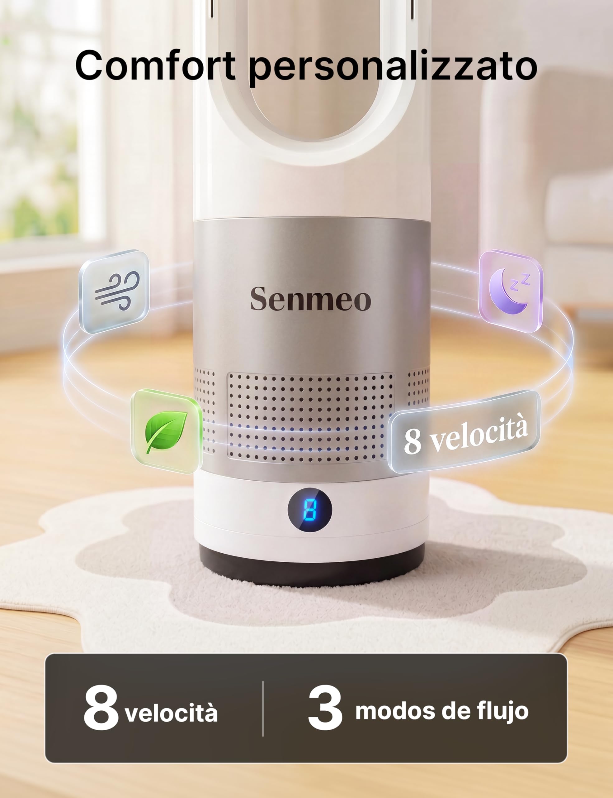 Ventilatore a Torre Senza Pale, 55 cm Ventilatore a Colonna con Telecomando, Oscillazione 90°, 8 Velocità, Timer 9 Ore, Display LED, Ventilatore Silenzioso per Camera da Letto, Soggiorno