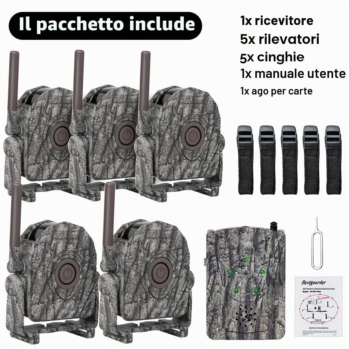 Sensore Movimento Wireless - 984ft Kit di allarme infrarossi esterno 5 sensori di rilevamento di movimento 1 Ricevitore, caccia, sicurezza in casa - 1 Ricevitore 5 Rilevatori