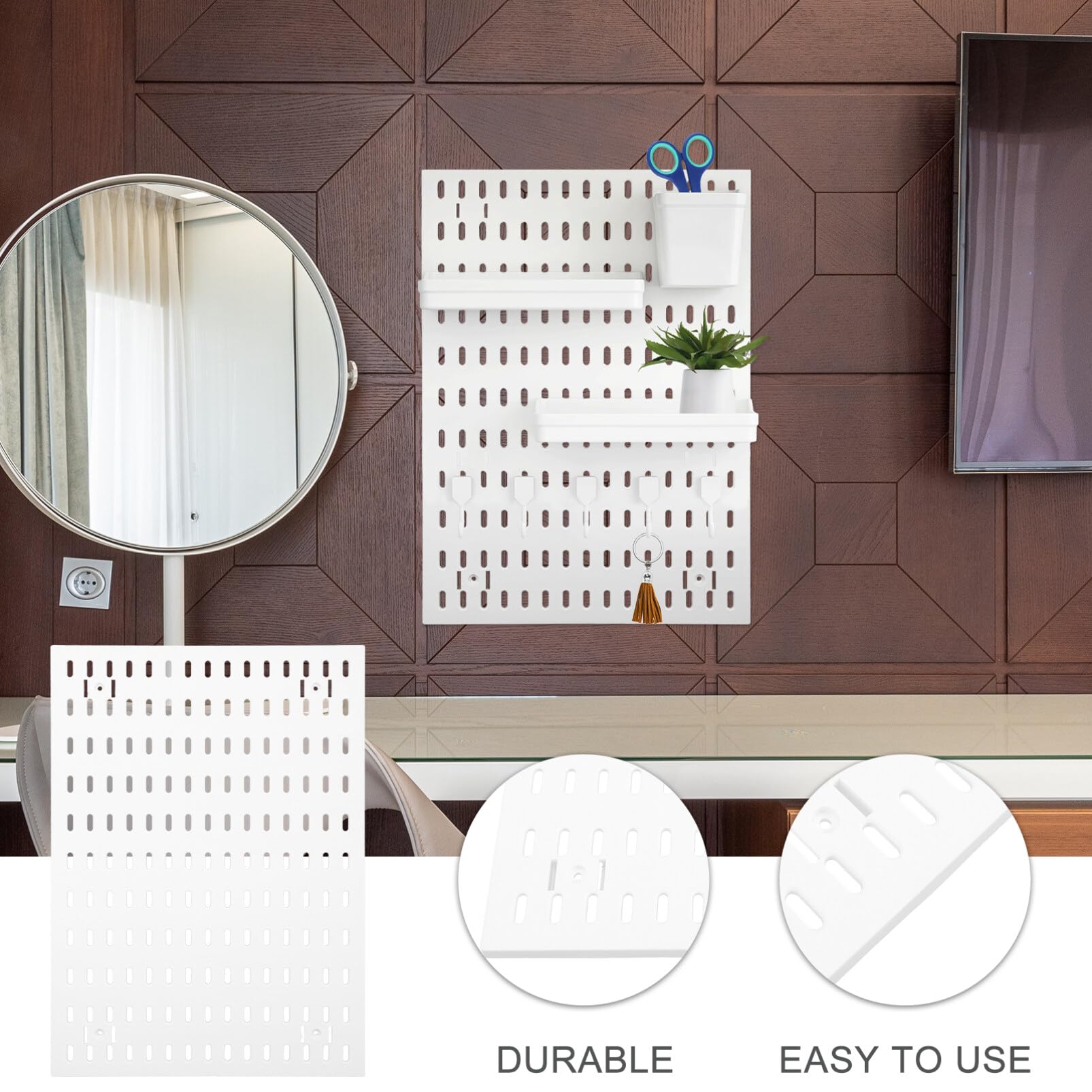 Healeved Soporte para tablero, tablero de ranuras para sala de manualidades, organizador de espacio, organizador de pared, organizador de tablero, estante blanco, accesorios de plástico montado en la