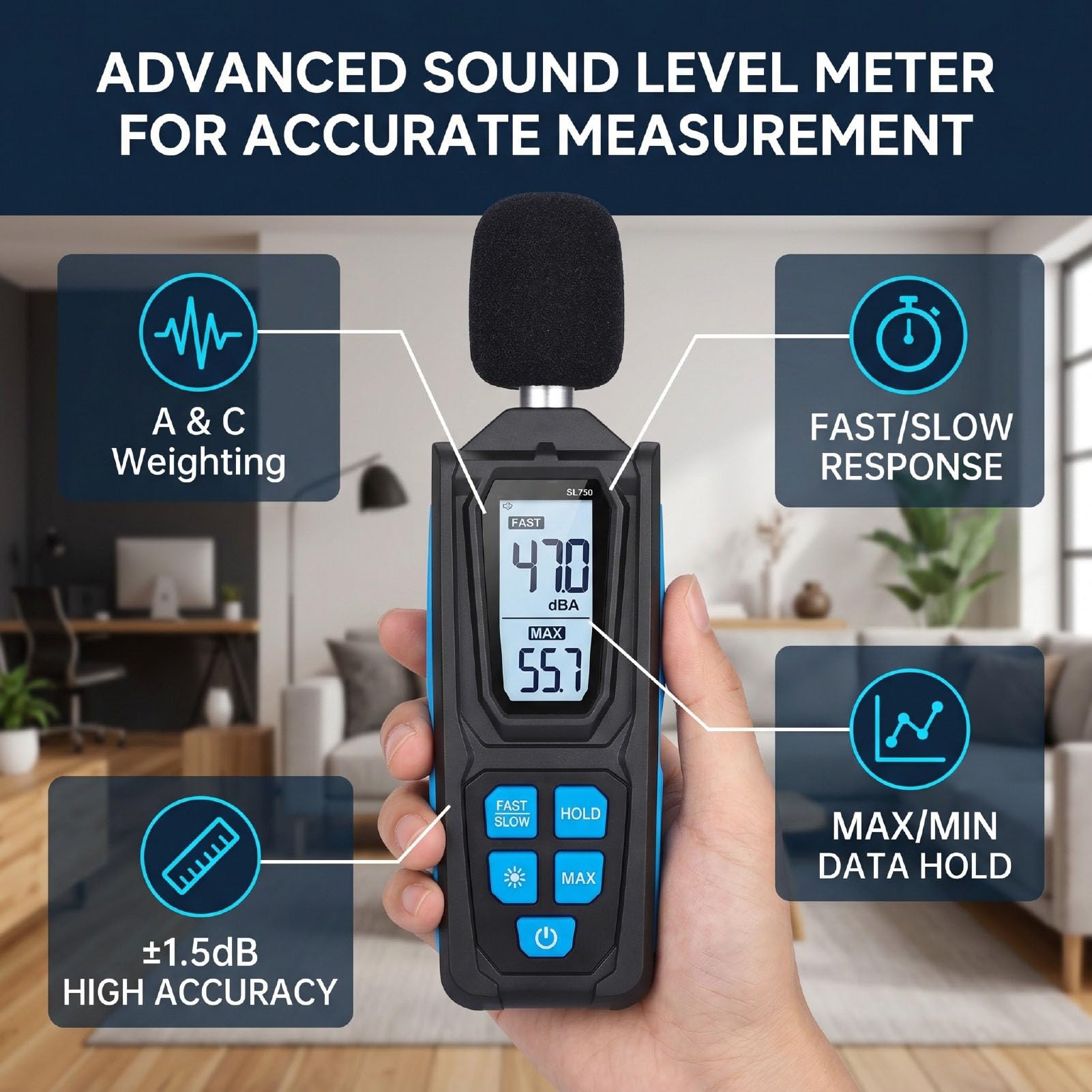 Eujgoov Medidor de Ruido HS-33 30‑130dB con Ponderación de A/C Rápida/lenta | Sonómetro portátil, precisión de 1,5 dB, retención de datos, reinicio del valor máximo, LCD de 4 dígitos, apagado automático