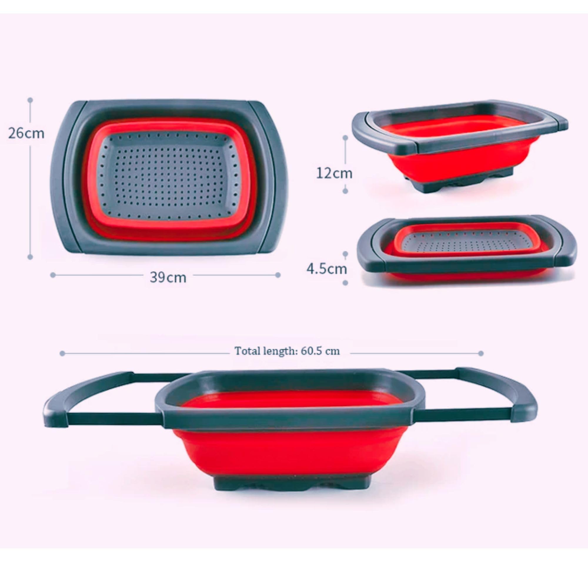 Scolapasta pieghevole – Colino e scolapasta in silicone con manici estensibili con 3 set di pelapatate – uso per verdure, frutta e pasta, colino pieghevole, 15,8 l, rosso