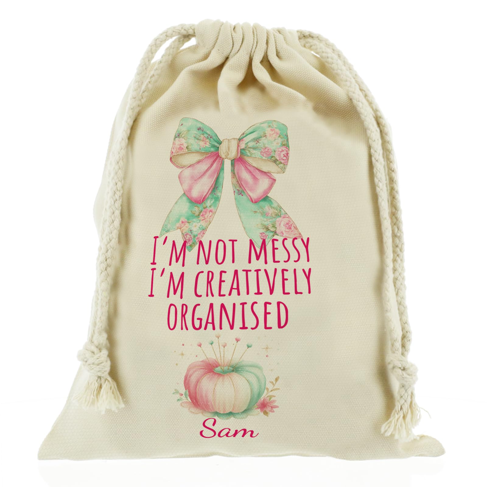 Personalised Craft Bag, Reusable, Gift Bag, Bow Craft Pins Design Drawstring Sack, Yarn Storage Bag Customised with With Name/Initials/Text, Sizes: XXS, XS, S, M, L, XL — image 1