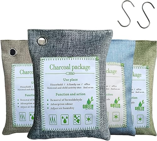 Bolsas de carbón de bambú absorbentes de olores, 2 paquetes de 7.05 oz de bolsas desodorantes de carbón con ganchos, bolsas purificadoras de aire de