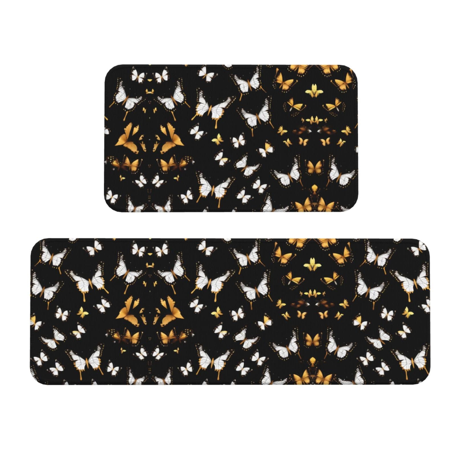 Lot de 2 tapis de sol de cuisine antidérapants lavables à motif papillons blancs