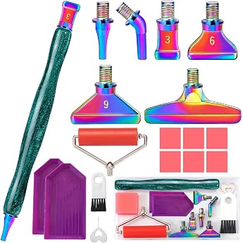 Sttargxing Diamond Painting Art Drill Bead Dot Pen Kit with Screw Steel Silver Metal Tip Nibs Placers Roller Tool Accessories Ergonomic Diamond Art Pen for 5D Diamond Green + Rainbow