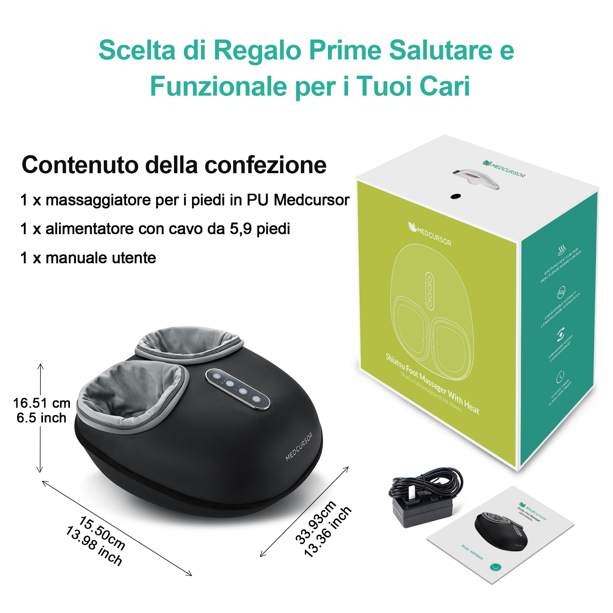Macchina per massaggi ai piedi Medcursor con funzione di calore, massaggio a impasto profondo, impostazioni multilivello e intensità regolabile per l'uso domestico o in ufficio (nero)
