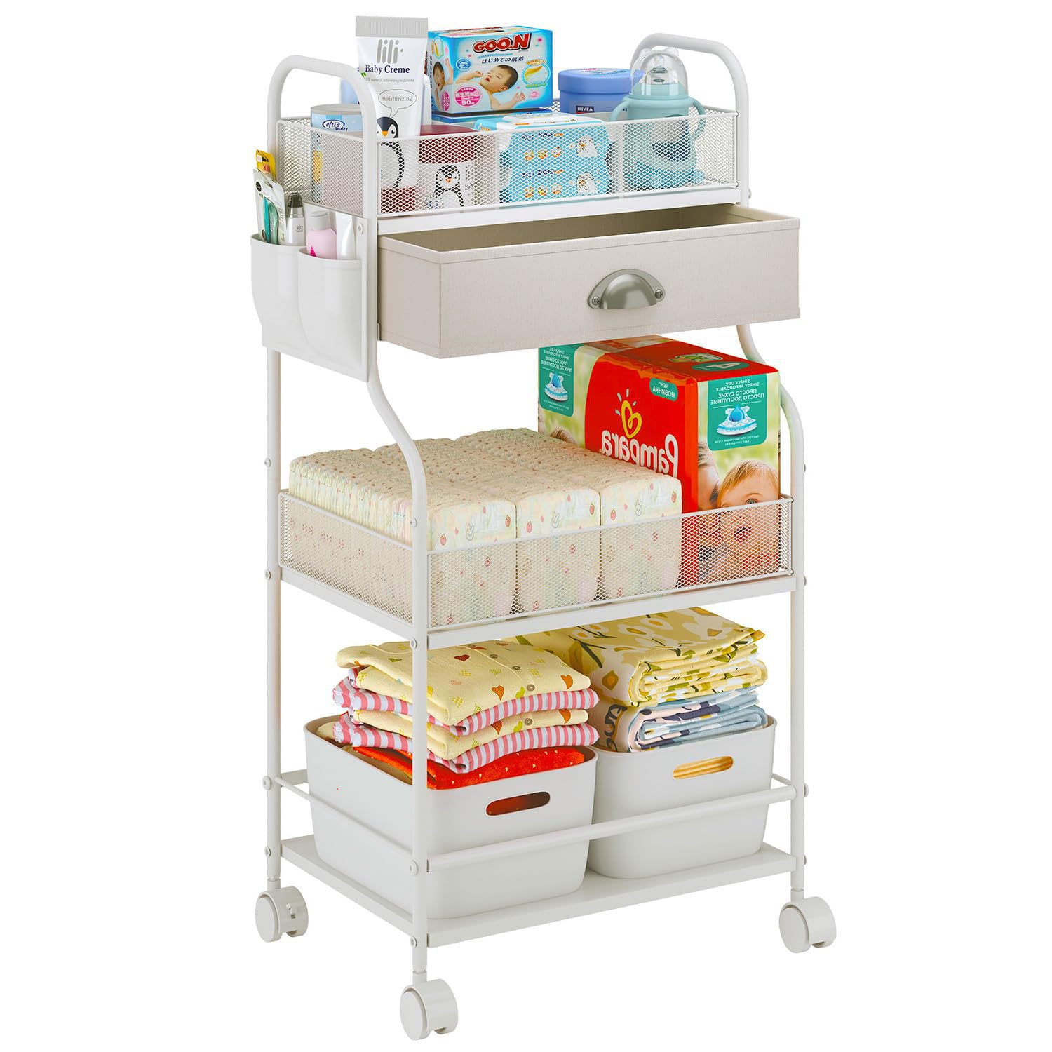 Organizador de pañales para bebé, carrito de 3 niveles, mesita de noche, artículos esenciales para guardería, soporte de almacenamiento para artículos de bebé recién nacido, divisores de 2 x 1, carrito con ruedas para dormitorio, cambiador, cuna