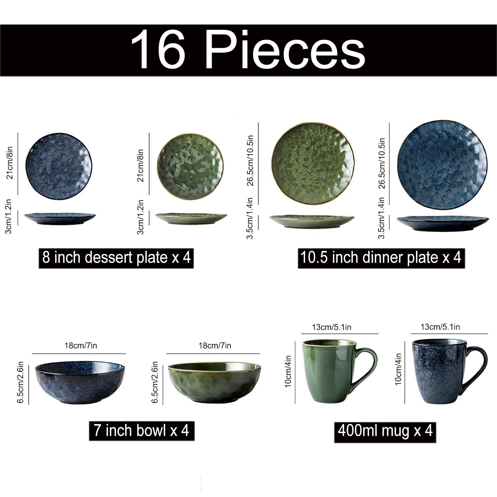 16-częściowy zestaw naczyń z porcelany, zestaw naczyń dla 4 osób, kompletny zestaw obiadowy z obiadami, deserami, miskami i kubkami, mieszanka niebieskiego i zielonego