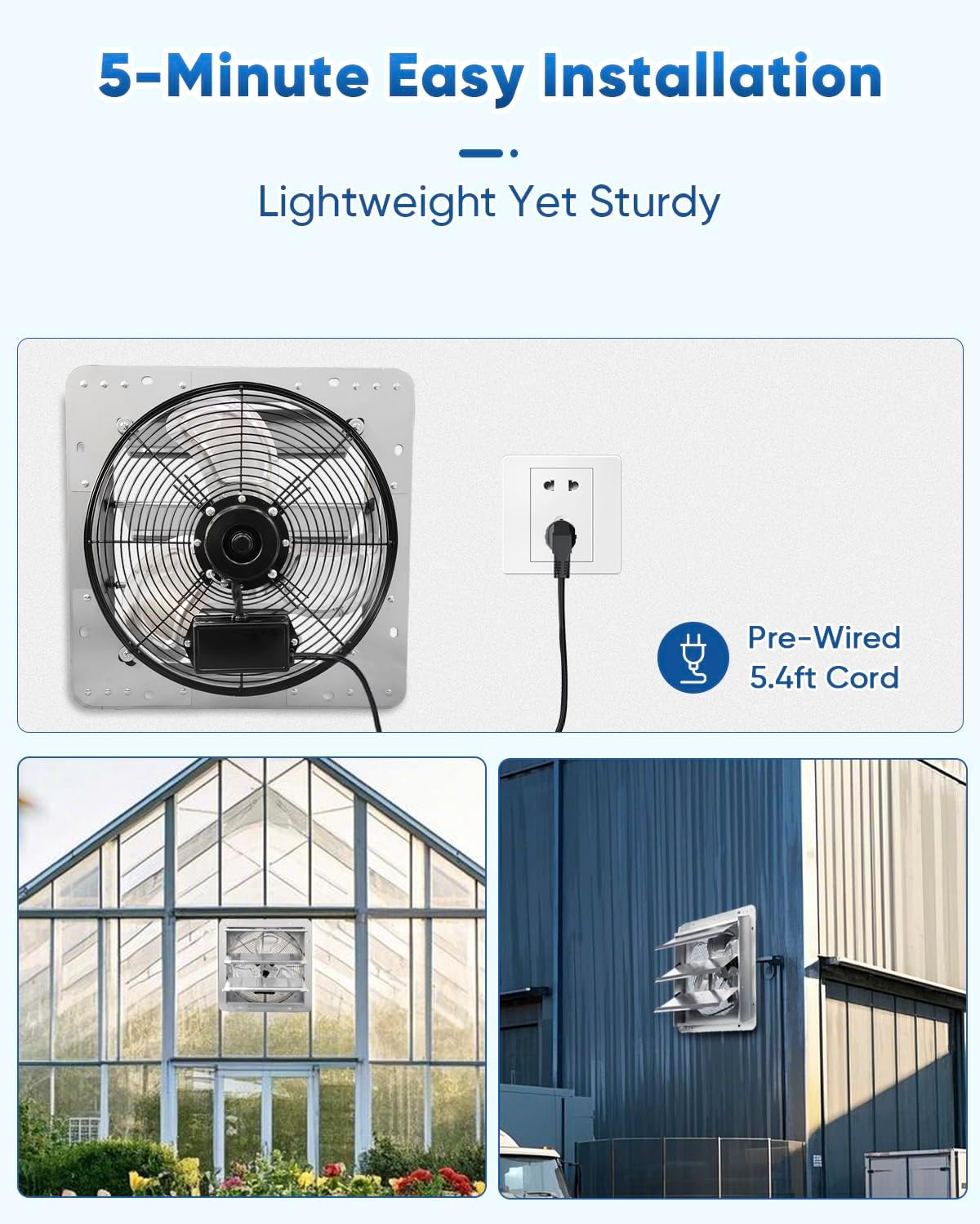 KEN BROWN 14 Inch Shutter Exhaust Fan, High Speed 1520CFM, Wall Mounted with 1.65m Power Cord, for Garages, Attics, Greenhouses, Sheds, and Shops