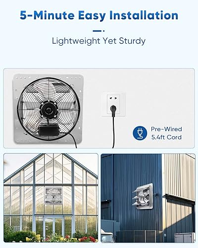 Miniatura 4 de KEN BROWN Ventilador de obturador de 14 pulgadas, alta velocidad 1520CFM, montado en la pared con cable de alimentación de 1.65m, para garajes,