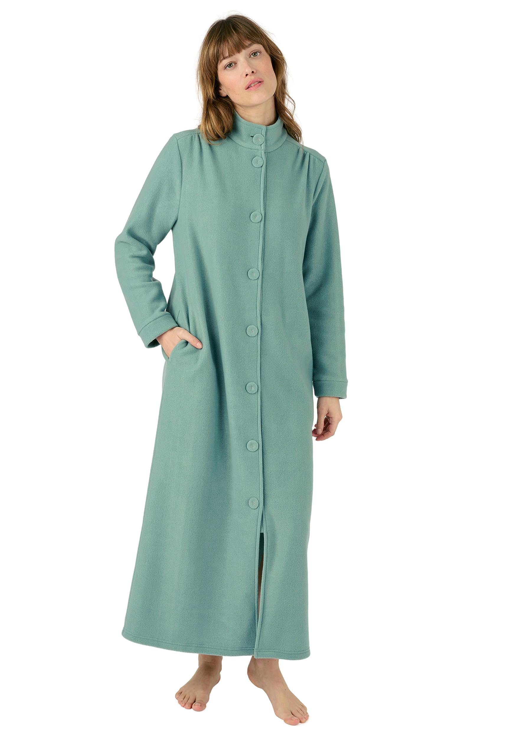 Damart Fleece Dressing Gown Women Nightwear High Collar Thermolactyl Long Sleeves Green