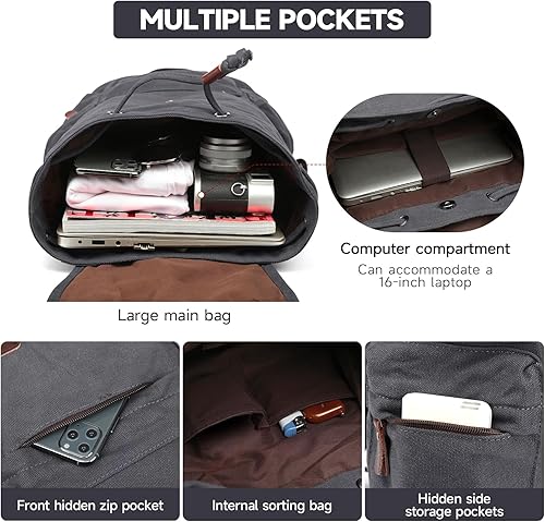 Miniatura 3 de Mochila de lona para hombres y mujeres, mochilas vintage que caben portátiles de 15.6 pulgadas, mochilas casuales para senderismo, viajes, 23l