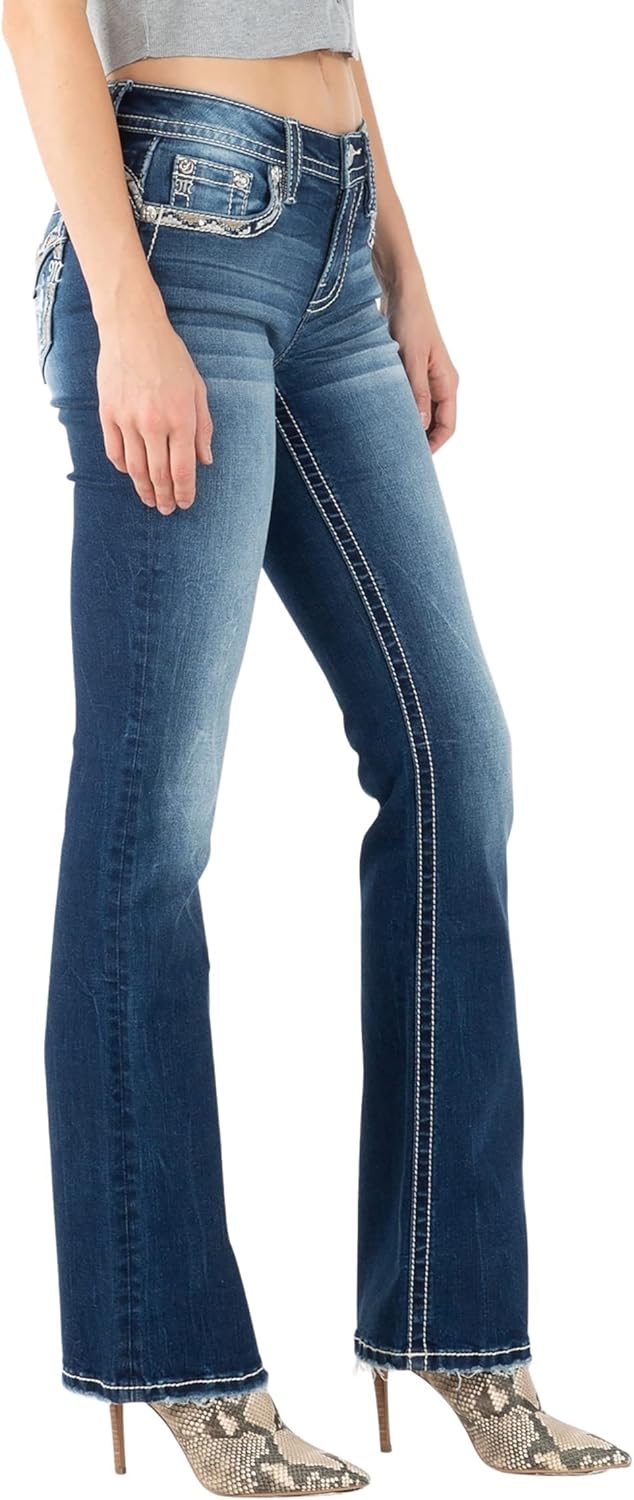 Miss Me Women's Mid-Rise Blue and Gold Bliss Embellished Boot Cut Jeans with Faux Flap Pockets