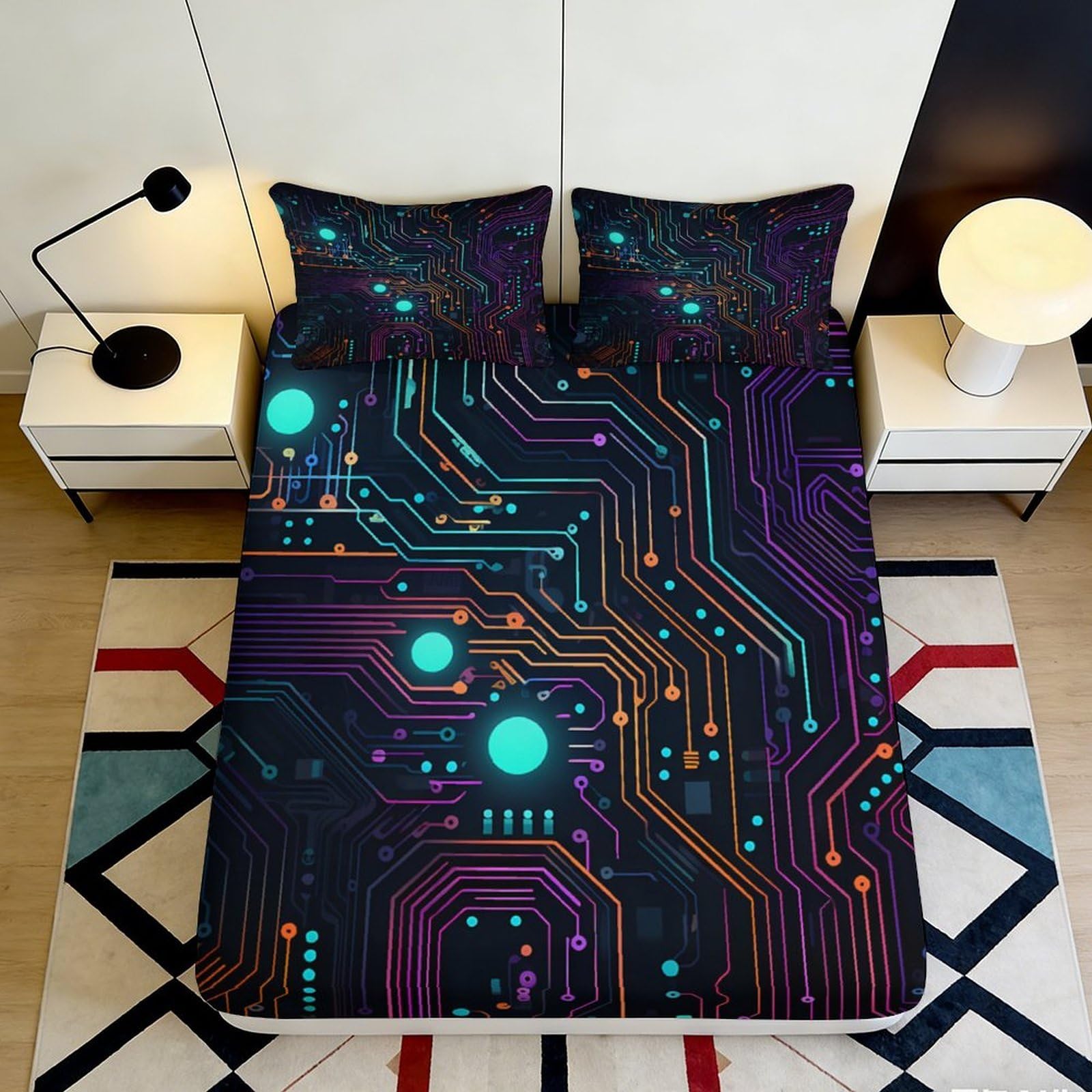 Jqzkxnhpbr Style-2 3D Printed Circuit Board Fitted Sheet Microfiber Bedroom Decor Neon Tech Pattern Mattress Cover For Home Dorm 90X200x25cm