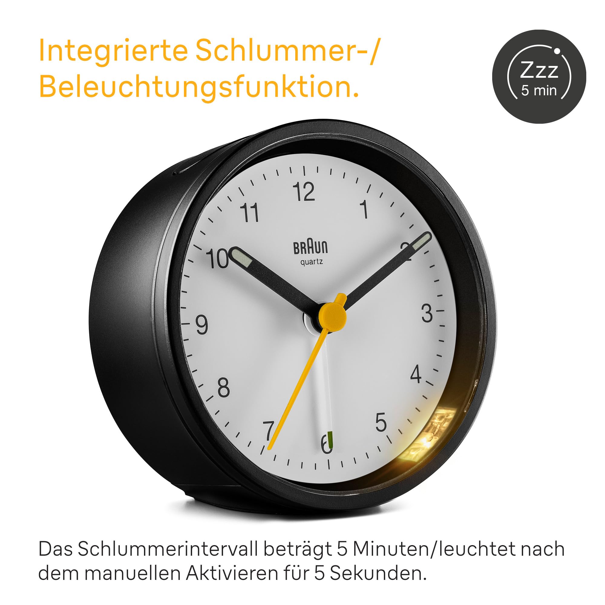 Braun Klassischer analoger Wecker Schlummerfunktion und Licht, ruhiges Quarzuhrwerk, Crescendo-Alarm in Schwarz und Weiß, Modell BC12BW.