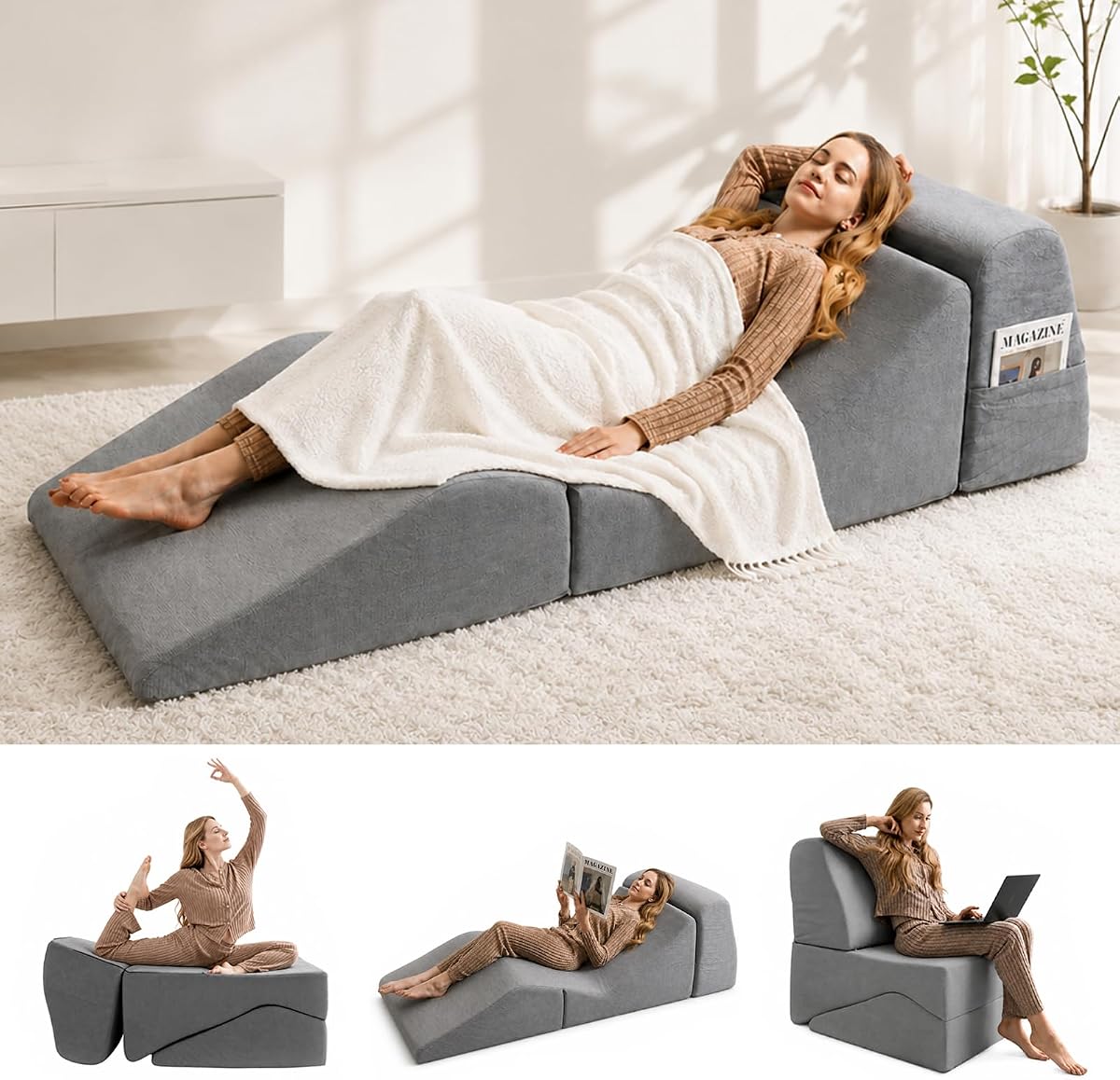 3-IN-1 Convertible Chaise Lounge Chair Indoor, Corduroy Boneless Couch | Sofa Bed with Memory Foam, Zero Gravity Cloud Reading Chair Deep Comfort for Bedroom, Living Room, Naps, No Assembly Required