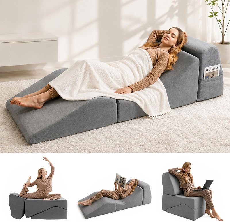 3-IN-1 Convertible Chaise Lounge Chair Indoor, Corduroy Boneless Couch | Sofa Bed with Memory Foam, Zero Gravity Cloud Reading Chair Deep Comfort for Bedroom, Living Room, Naps, No Assembly Required
