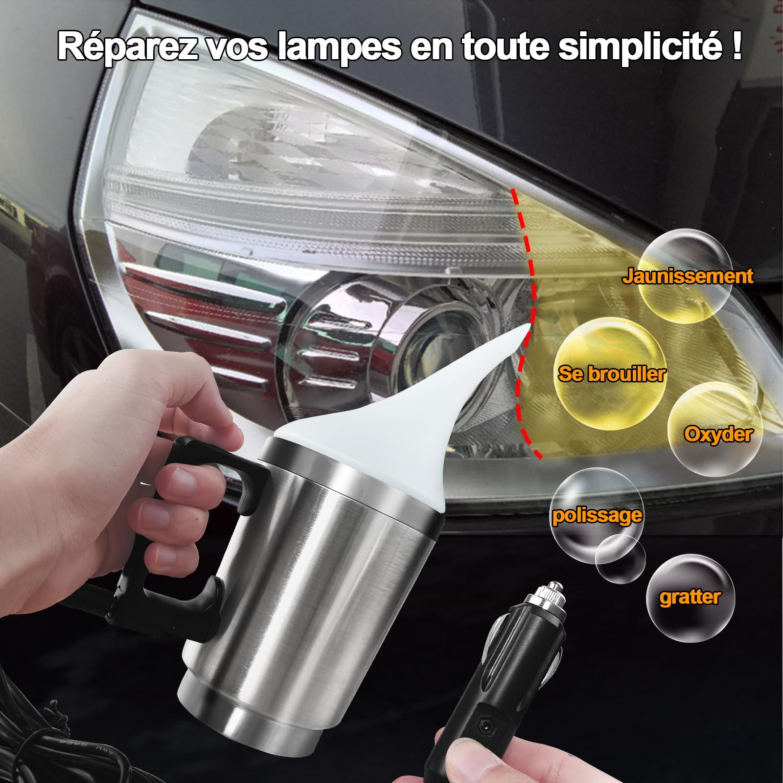 Kit Renovation Phare Voiture 1600g pour l'Oxydation et Les Rayures, Renovateur Phare Voiture avec 6 Feuilles de Papier Abrasif, Polymerisation Phare avec Boîte de Rangement et Chauffage