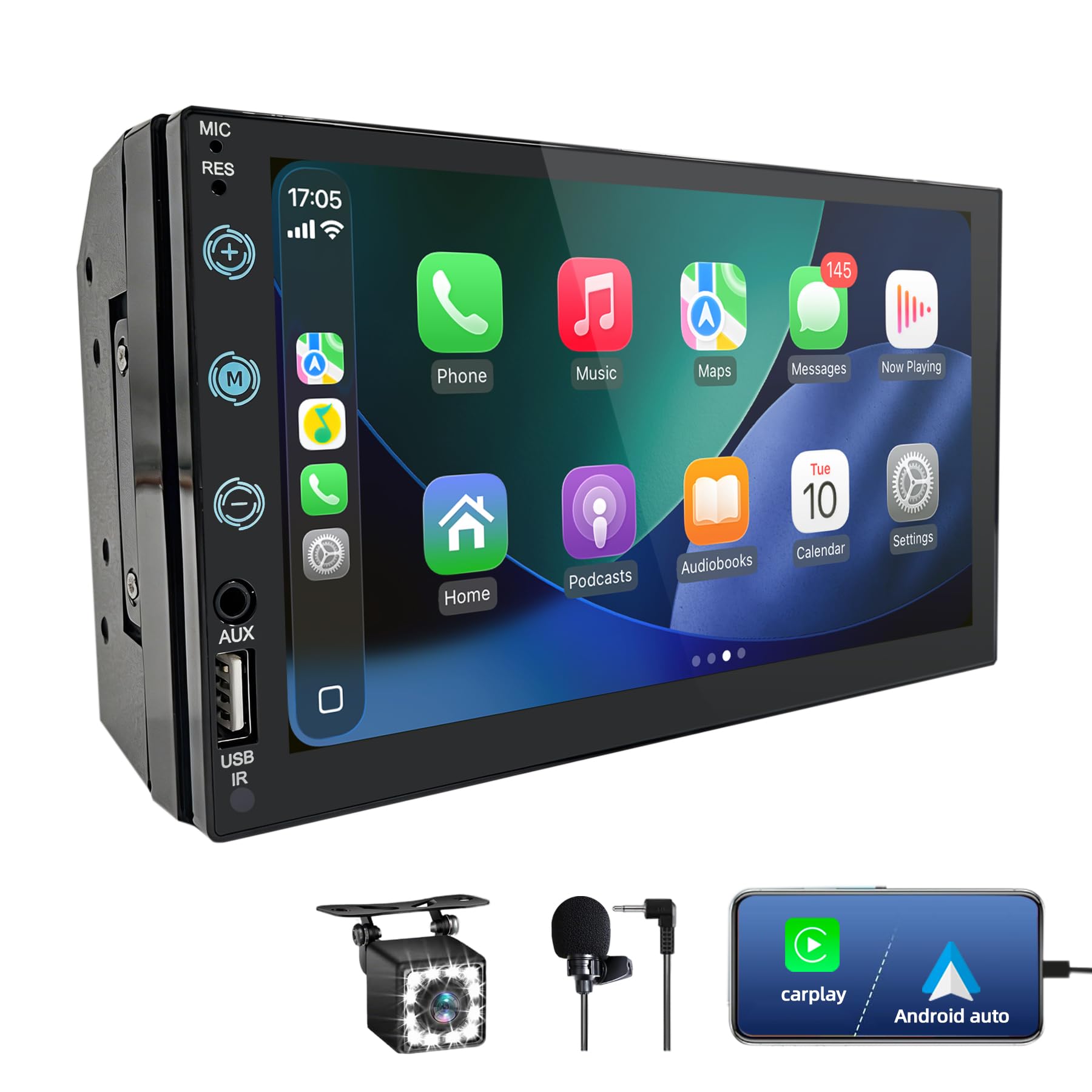 Radio Coche 2 DIN con Carplay y Android Auto por Cable - Pantalla Táctil de 7 Pulgadas con Cámara Trasera, Mirror Link, USB/AUX/FM, Apto para Vehículos de 12V