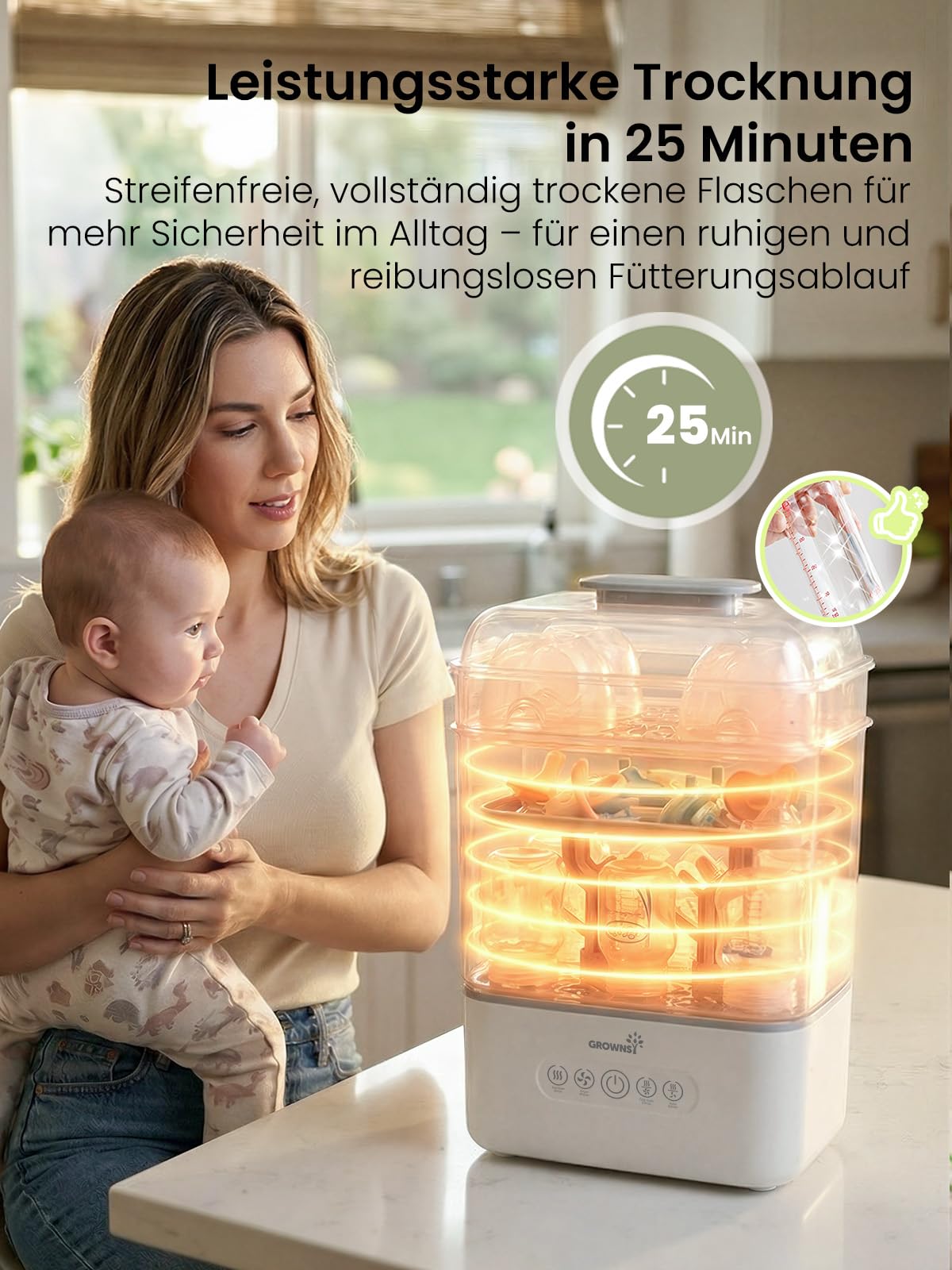 Grownsy Babyflaschen Sterilisator und Trockner, 3 Ebenen für 6-10 Flaschen, 8 Min Dampfsterilisation, BPA-frei, für Flaschen, Schnuller & Milchpumpenzubehör