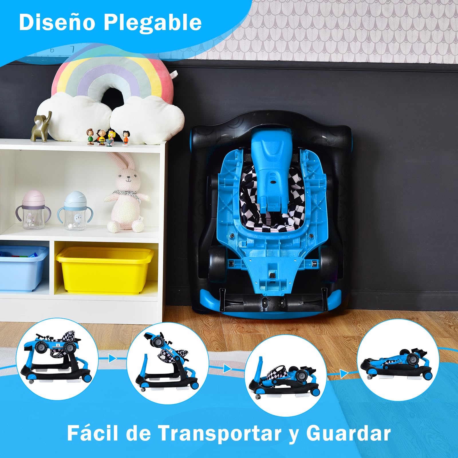 COSTWAY 4 en 1 Andador Bebes, Tacata Bebe Plegable con Altura y Velocidad Regulables, Carillón con Luces, Volante y Asiento con Cojín, Diseño Antivuelco, Caminador para Bebe de 6-18 Meses — view 6