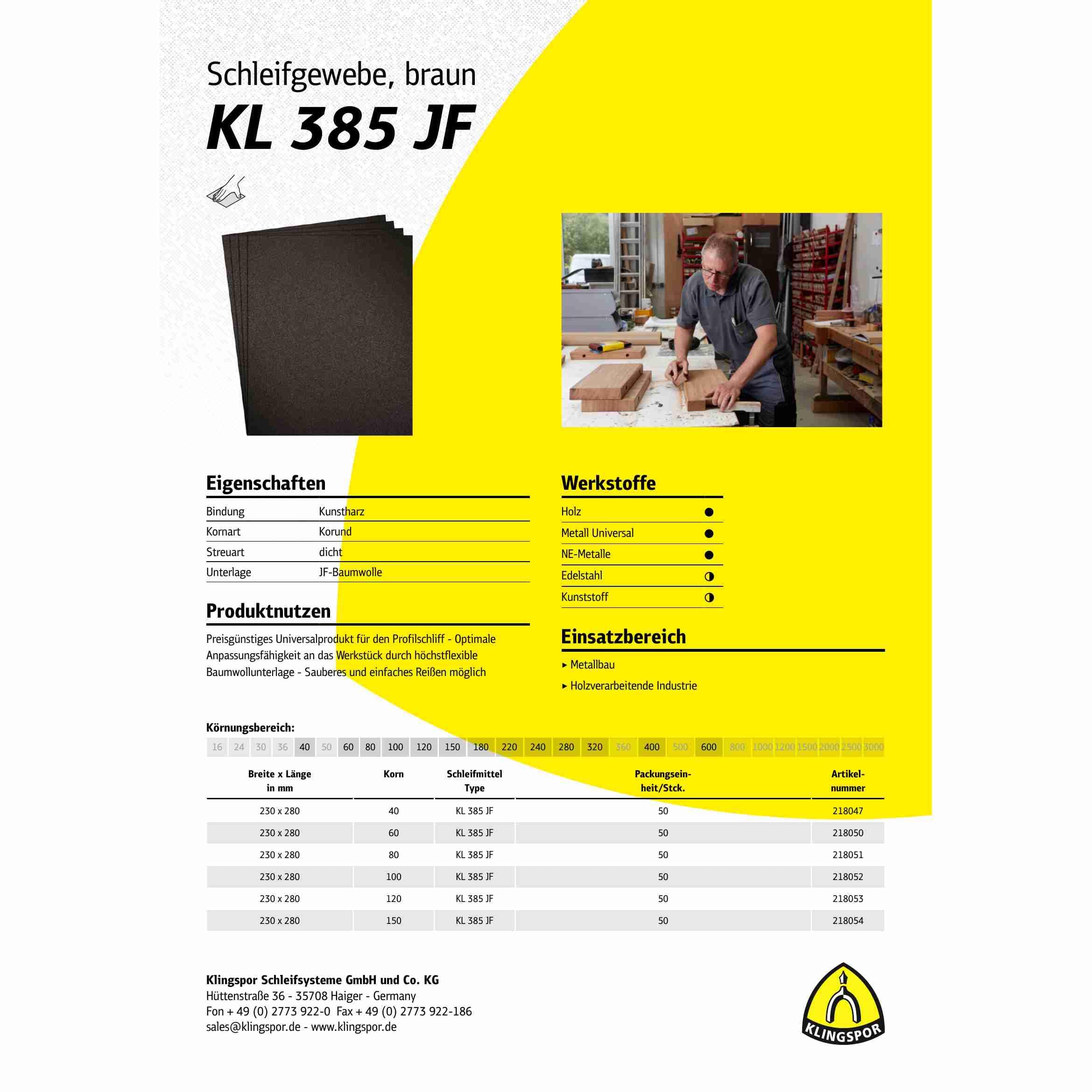 218050 KL 385 JF - Hojas de lija (50 unidades, 230 x 280 mm, grano 60)