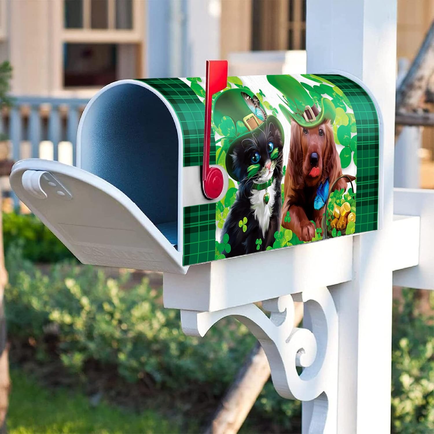 Texupday Cute Cat and Dog with Hat Shamrock Decoration St.Patrick's Day Mailbox Cover with Magnetic Strip Holiday Mailbox Wraps Post Box Cover Standard Size 21" X 18" for Garden Outdoor Yard Decor