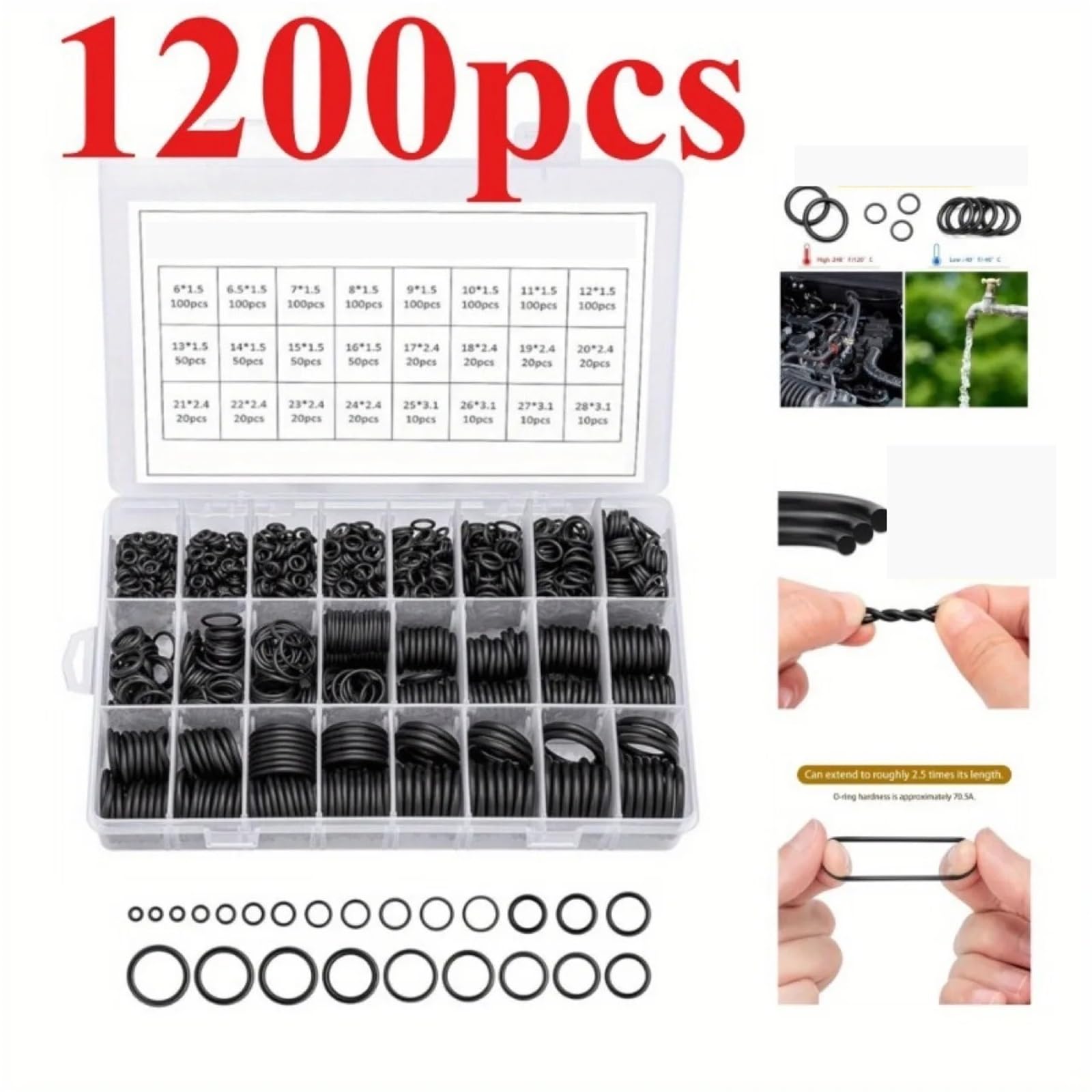 Juego de juntas tóricas goma 1200 Uds., Kit sello cilindro hidráulico, plomería paso alambre, anillos silicona, accesorios for coche a prueba aceite para fontanería, reparación