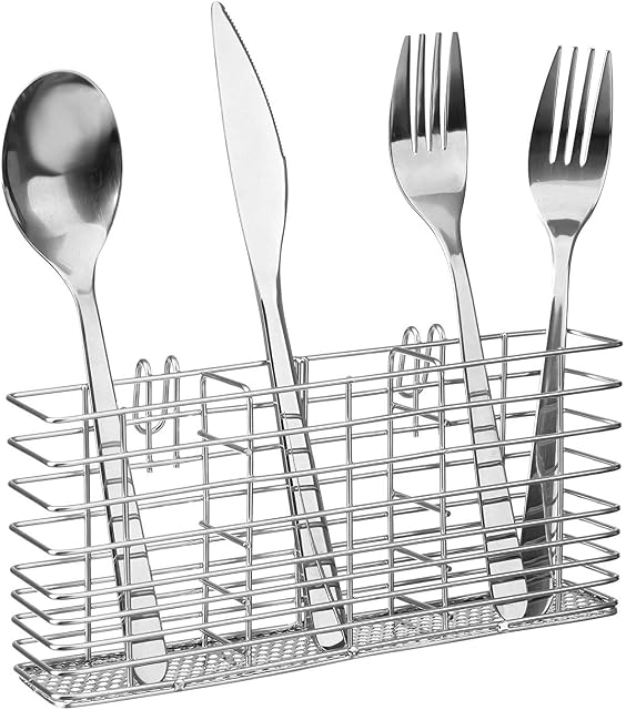 SANNO Stainless Steel Cutlery Utensil Holder Silverware Organizer Rack with Hooks Removable Drying Rack Silverware Holder Utensil Cutlery Basket Kitchen Dish Drainer Dish Drying Rack