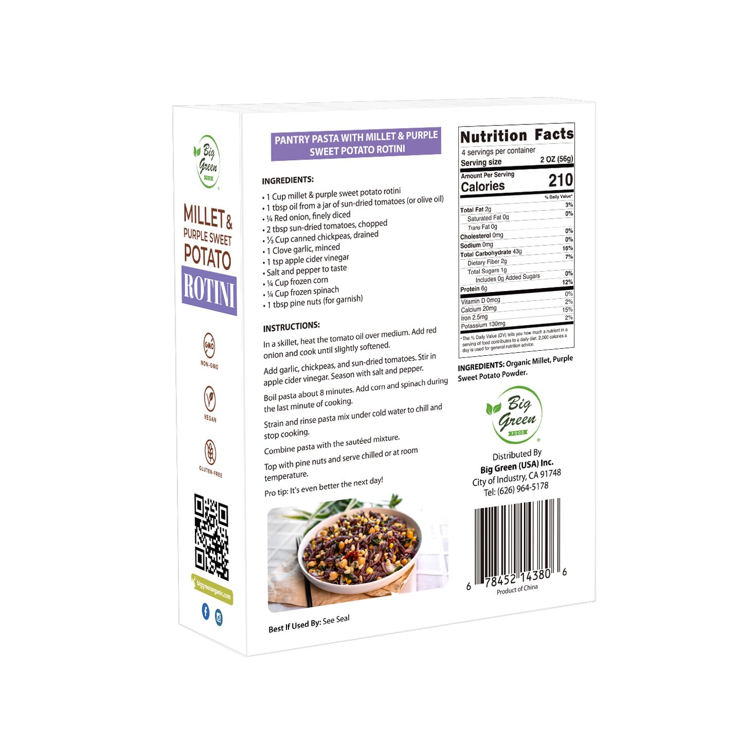 Big Green Food - Millet & Purple Sweet Potato Rotini Pasta, Gluten-Free, Non-GMO, Vegan, Wheat-Free, Made with Millet and Purple Sweet Potato (6 Boxes)