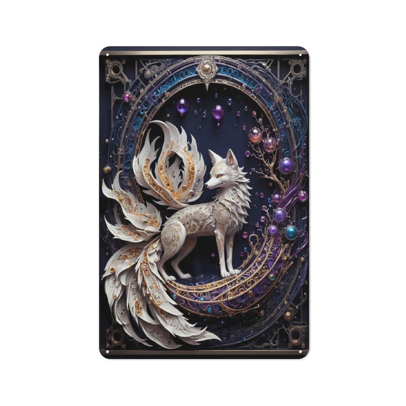 Junmoney Style-13 Vintage Tin Wall Sign 30X20cm Featuring Fantasy Nine Tailed Fox, Room Wall Plaque For Flat, Dorm Room, Lounge Or Cafe