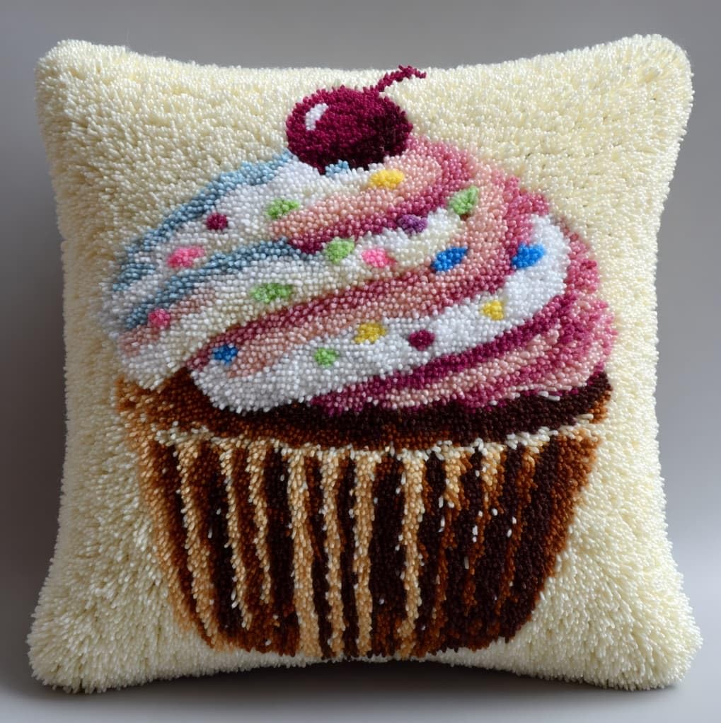 WallustrioaW Latch Hook Cushion Kits for Adults BeginnersCupcake,Handmade Crochet Craft Kits Cushion Cover Needlework for Home Decoration,17x17in