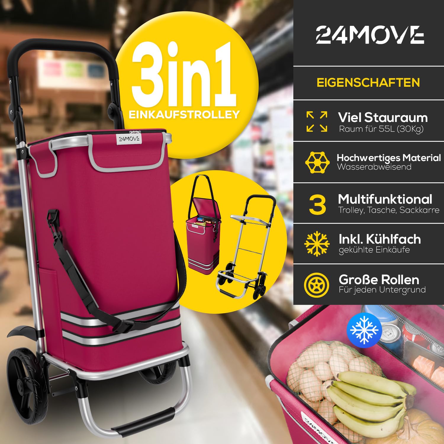 24MOVE® Einkaufstrolley Vehlo klappbar mit 55L inkl. Kühlfach, Faltbarer 3in1 Trolley - Sackkarre und Tasche, bis 30kg belastbar, rot