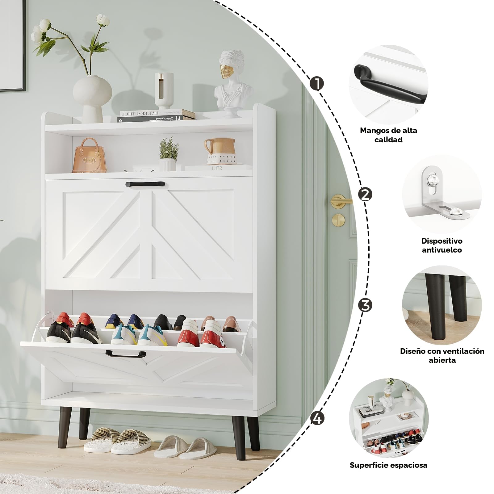 VOWNER Zapatero Entrada Recibidor Estrecho, Mueble Zapatero Blanco con 2 Puertas Abatibles y Estantes Ajustables, Organizador de Zapatos de Madera con Patas Elevadas para Pasillo, 75 x 24 x 113 cm